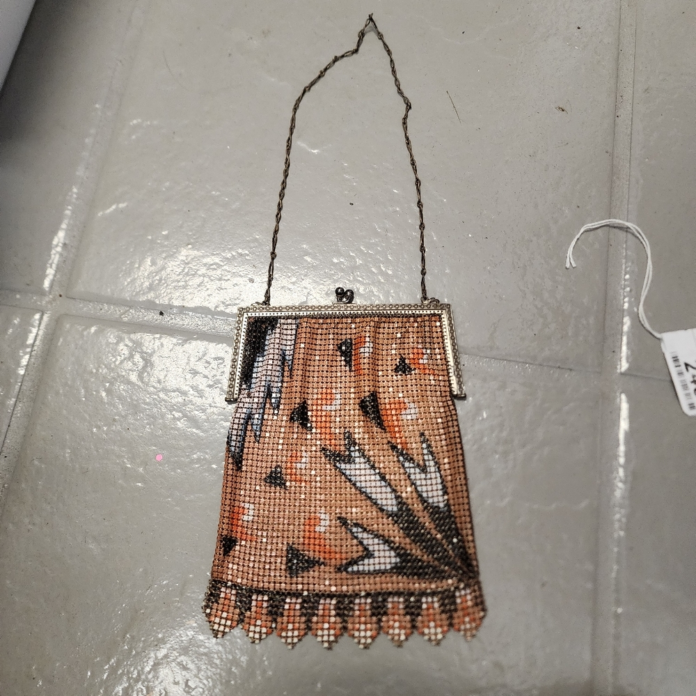 Antique 1920s Whiting Davis Mesh Purse Art Deco Orange White Silver